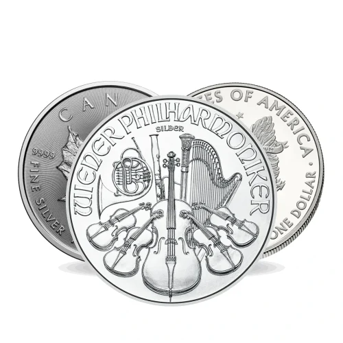 Philharmoniker, Maple Leaf ja American Eagle 1 oz hõbemündid